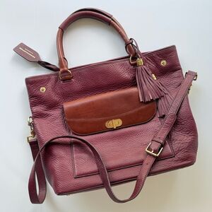 Isaac Mizrahi Bridgehampton Burgundy Cognac Leather Tote Messenger Turnlock Bag